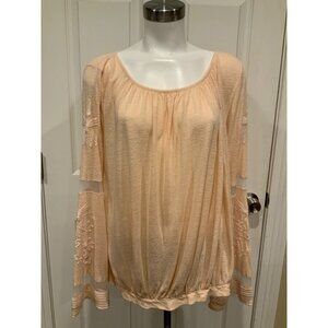 Free People Pale Peach Long Sleeve Top Embroidered Mesh Bell Sleeves, Size M